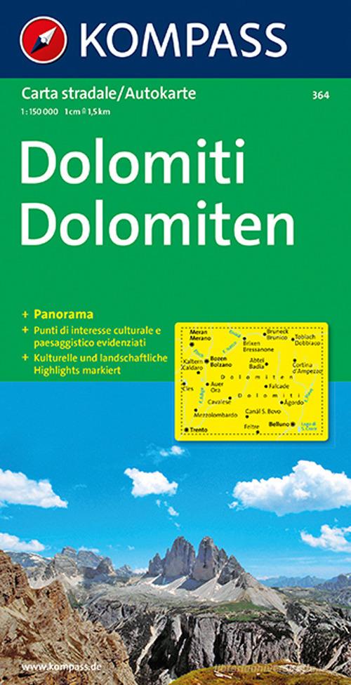 Carta stradale e panoramica n. 364. Dolomiti-Dolomiten 1:50.000. Ediz. bilingue edito da Kompass