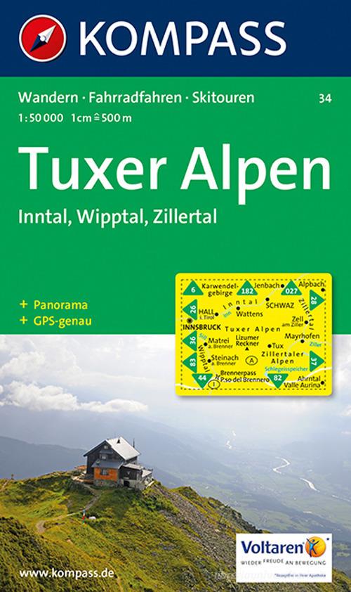 Carta escursionistica e stradale n. 34. Tuxer Alpen, Inntal, Wipptal. Adatto a GPS. Digital map. DVD-ROM edito da Kompass