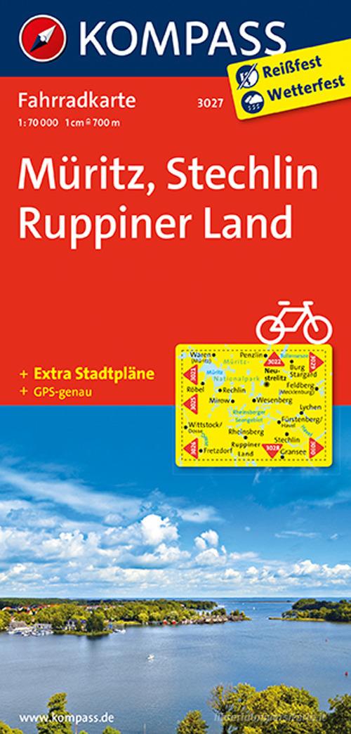 Carta cicloturistica n. 3027. Muritz, Stechlin, Ruppiner Land 1:70.000. Adatto a GPS. Digital map. DVD-ROM edito da Kompass