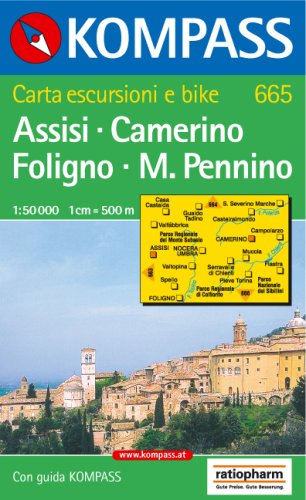 Carta escursionistica n. 665. Toscana, Umbria, Abruzzi. Assisi, Camerino, Foligno, Monte Pennino 1:50.000 edito da Kompass