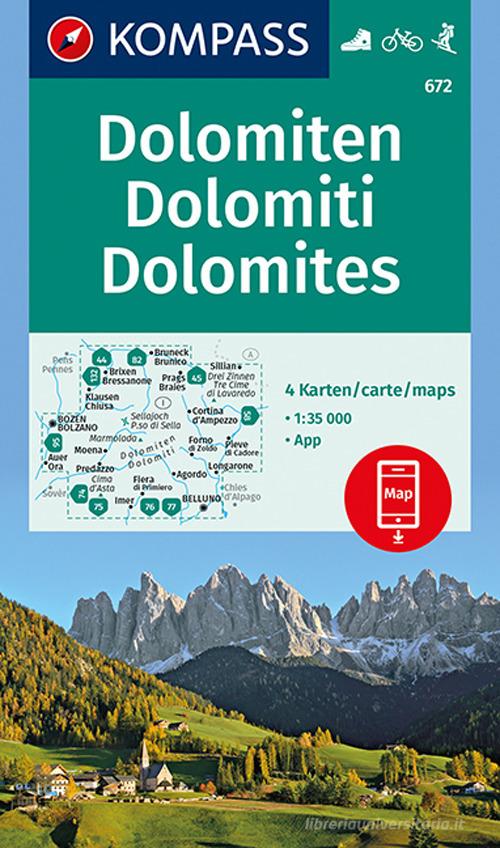 Carta escursionistica n. 672. Dolomiti-Dolomiten 1:35.000 (set di 4 carte) edito da Kompass