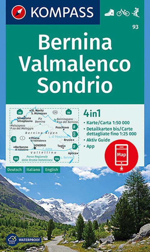 Carta escursionistica n. 93. Bernina, Valmalenco, Sondrio 1:50.000. Ediz. italiana, tedesca e inglese edito da Kompass
