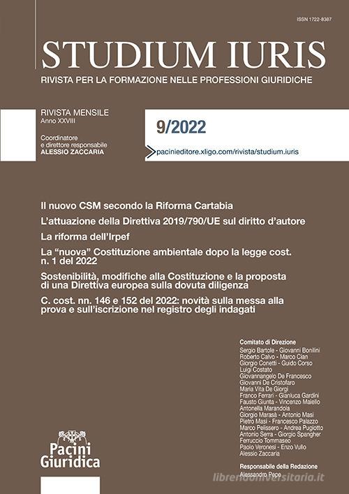 Studium iuris. Rivista per la formazione nelle professioni giuridiche (2022) vol.9 edito da Pacini Giuridica