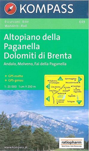 Carta escursionistica n. 649. Altopiano della Paganella, Dolomiti di Brenta 1:25.000 edito da Kompass