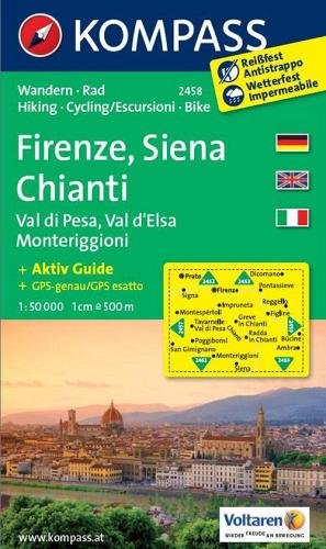 Carta escursionistica n. 2458. Firenze, Siena, Chianti, Val di Pesa, Val d'Elsa, Monteriggioni 1:50.000. Ediz. multilingue edito da Kompass