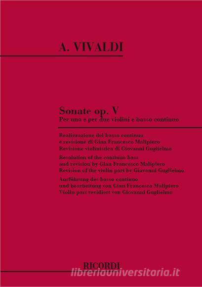 Sonate (6) Op. V Per Violino E Basso Continuo - Trascrizione Per Violino E Pianoforte Spartito