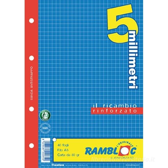 Confezione 40 fogli ricambio rinforzati A5 Rambloc quadretti 5 mm