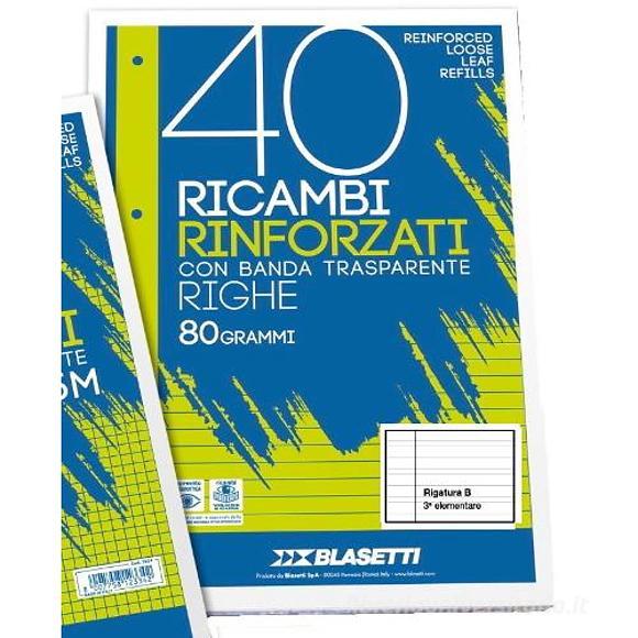 Blocco 40 fogli ricambio rinforzati per copertine ad anelli A4 righe B