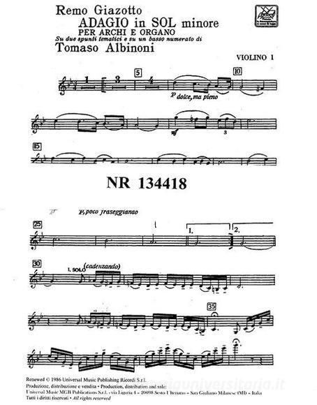 Adagio In Sol Minore Per Archi E Organo Parti (Archi: 3 Vli, 3 Vlii, 2 Vla, 2 Vc, 1 Cb / Org)