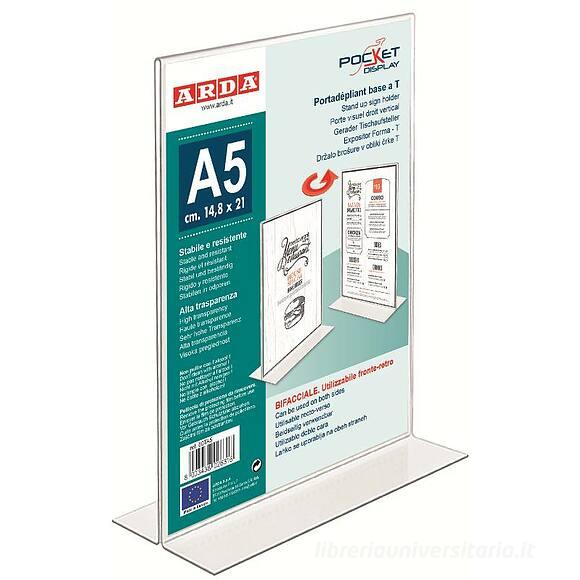 Porta depliant trasparente con base a T formato A5